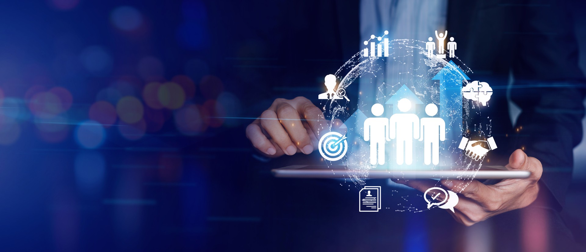 Businessman hold circle of network structure HR - Human resources web banner with copy space. Business leadership concept. Management and recruitment or employment headhunting.